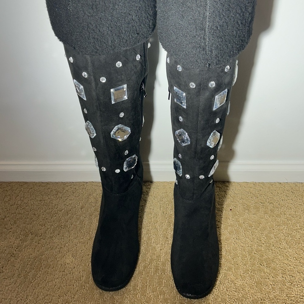 Joan Boyce Tall Black Jeweled Boots Faux Suede Wedge Boots Size 9W NWOT